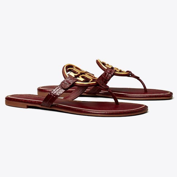 Tory Burch Metal Miller Croc Embossed Logo Sandals Burgundy Roma Red MANY SIZES! - Picture 6 of 13